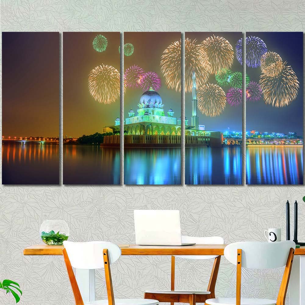 Panels Canvas Framed Decorative Wall Print Art beautiful fireworks under putrajaya mosque panorama