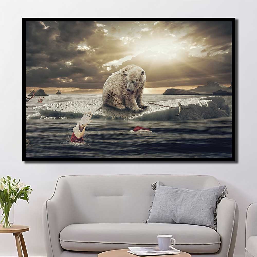 Printed Wall Art Painting Tasos Ioannou polar bears animals Santa Claus reindeer presents iceberg north pole bright clouds water fish