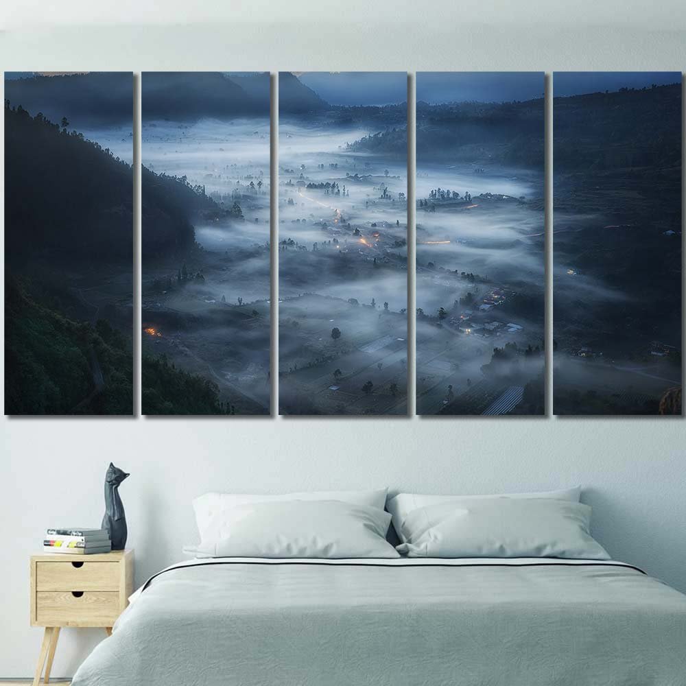 Picture HD Print Decorative Wall Art cityscape Indonesia mist mountains clouds forest morning valley field blue nature landscape Asia