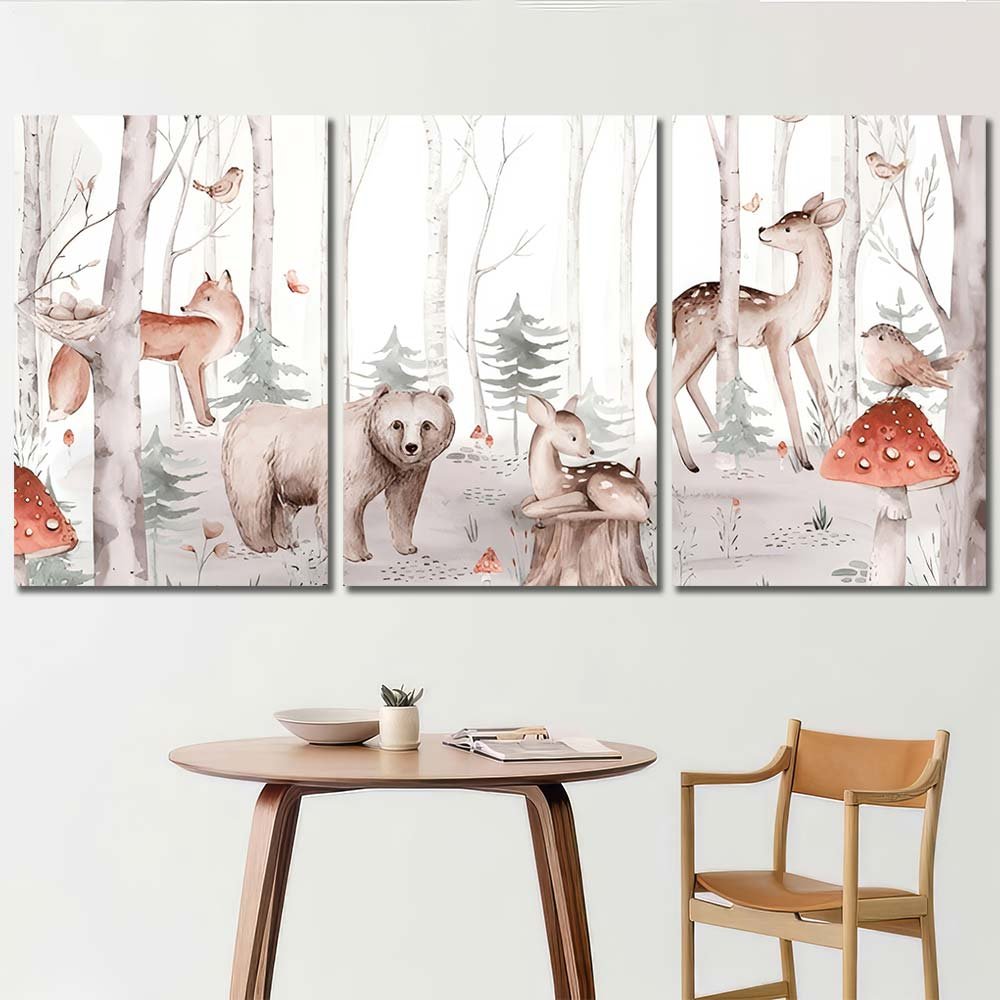 Decor Wall Art Canvas Cute Watercolor Aniamls in Forest AW17