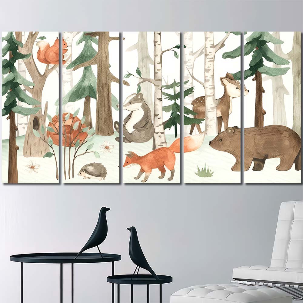 Panels Canvas Cute Watercolor Aniamls in Forest AW20